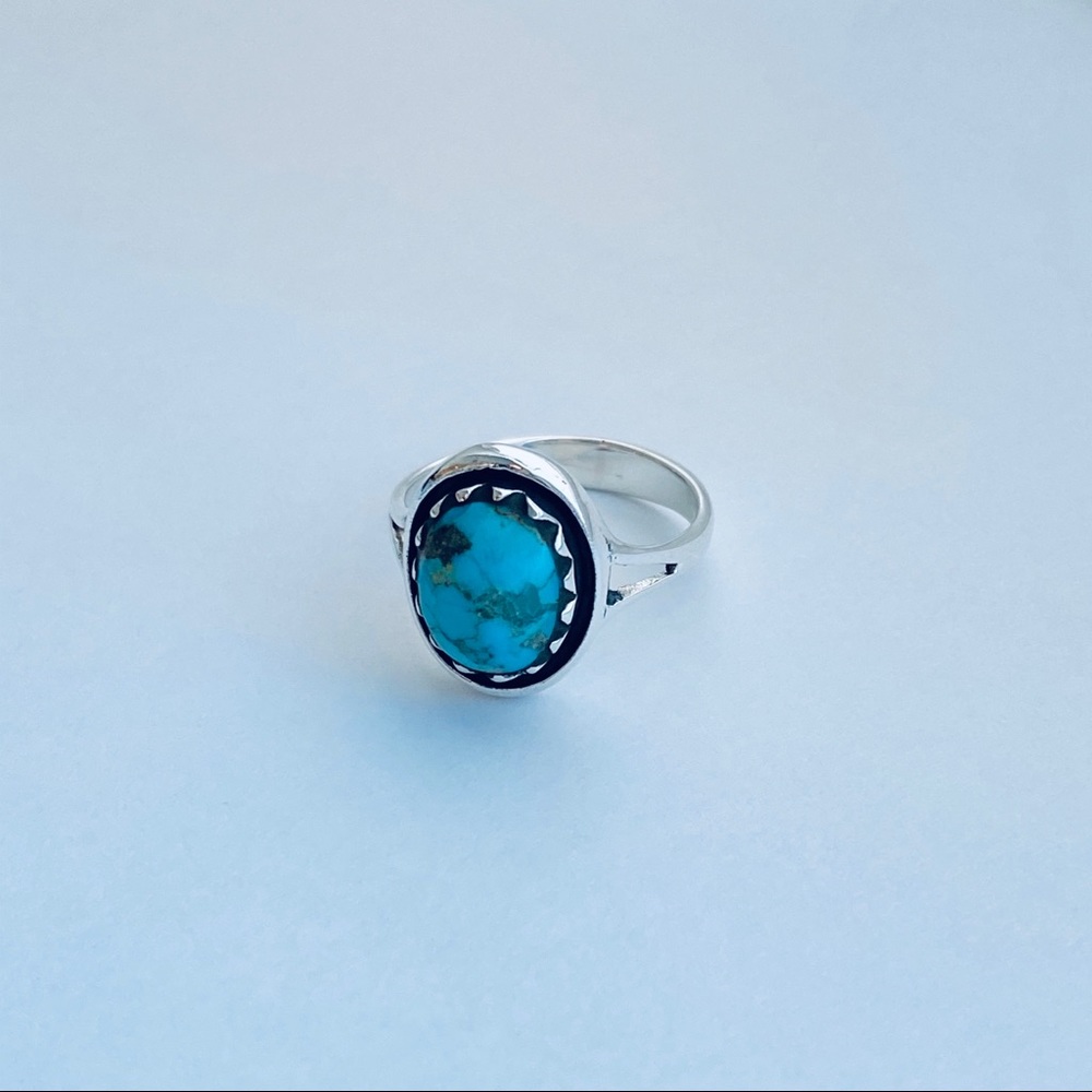Sterling Silver Round Genuine Turquoise Ring, Stone Ring, Silver Ring, Boho Ring - Picture 7 of 13